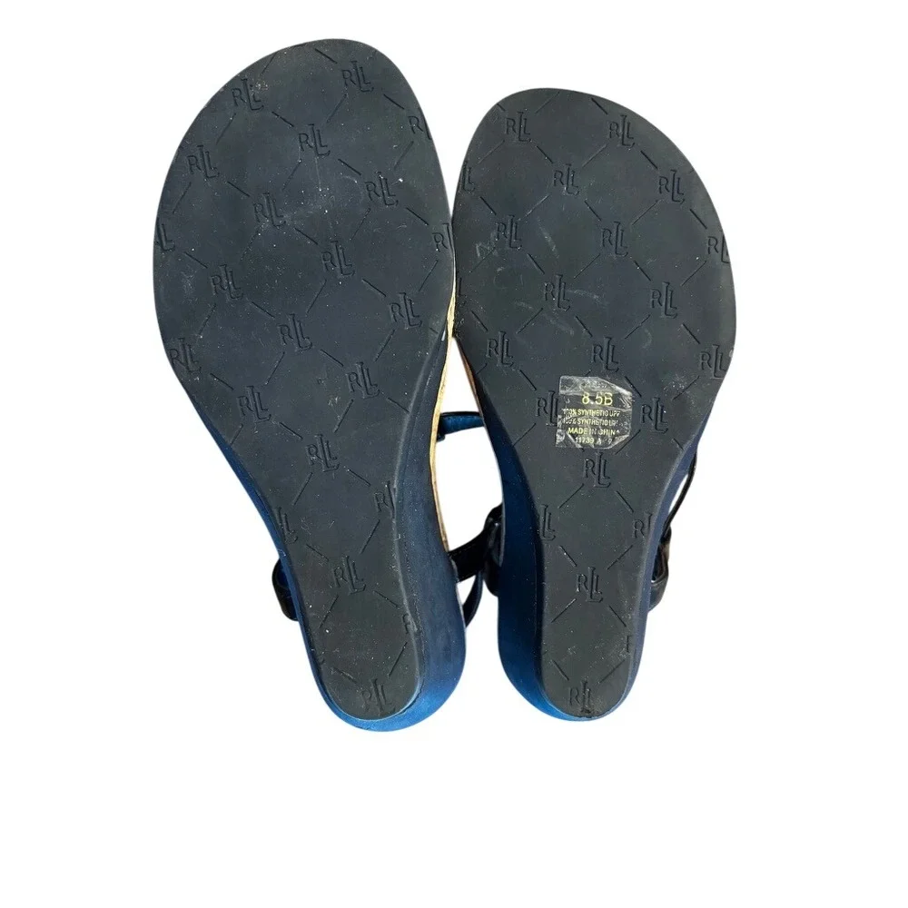 Lauren Ralph Lauren Size 8.5 Black Patent T-Strap Cork‎ Wedge Sandals Shoes